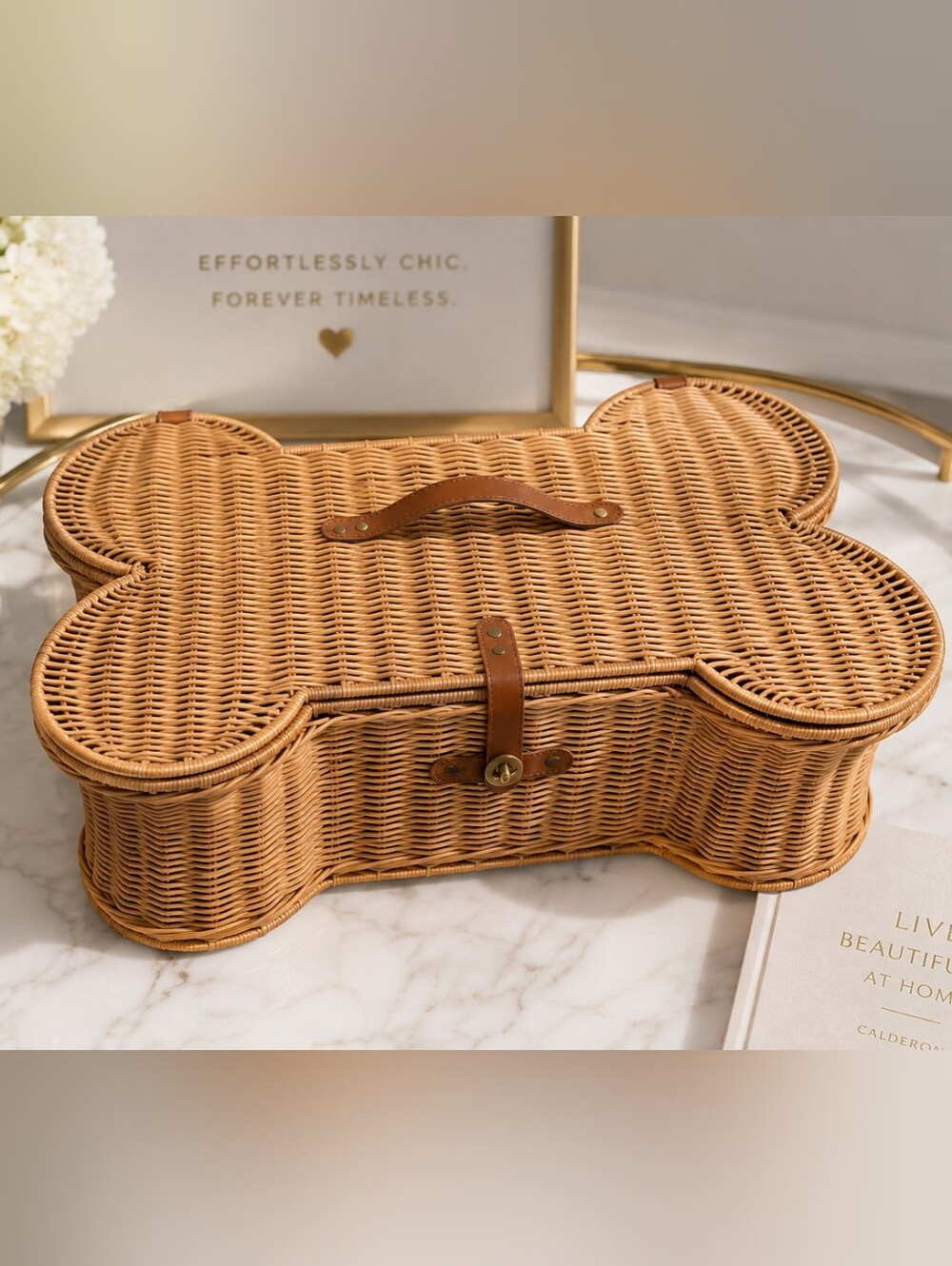 Dog Bone Shaped Wicker Picnic Basket | Rattan Storage Basket w/ Lid | Boho